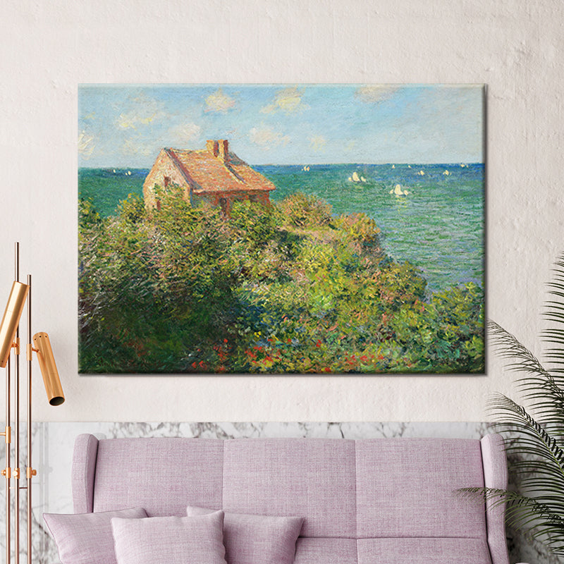 Green Coastal Mountain Cabin Painting Seascape Modern Textured Wall Art Print for Bedroom