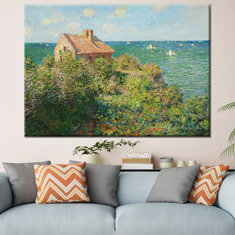 Green Coastal Mountain Cabin Painting Seascape Modern Textured Wall Art Print for Bedroom