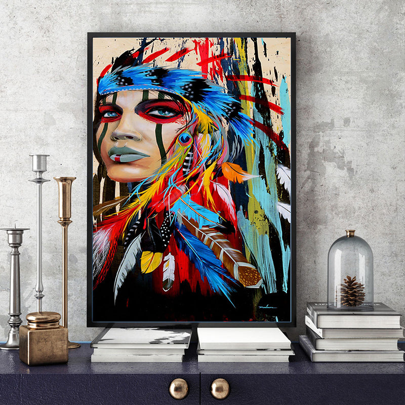 Tribal Indian Woman Wall Art for Studio Figure Painting Canvas Print in Red-Blue