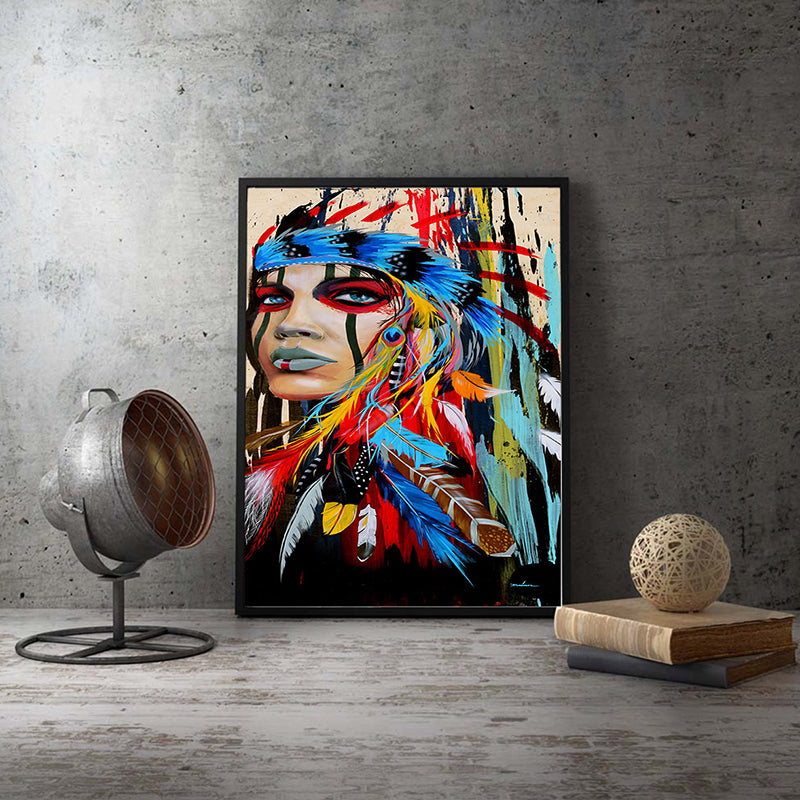 Tribal Indian Woman Wall Art for Studio Figure Painting Canvas Print in Red-Blue