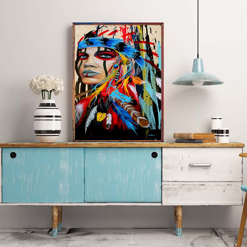 Tribal Indian Woman Wall Art for Studio Figure Painting Canvas Print in Red-Blue