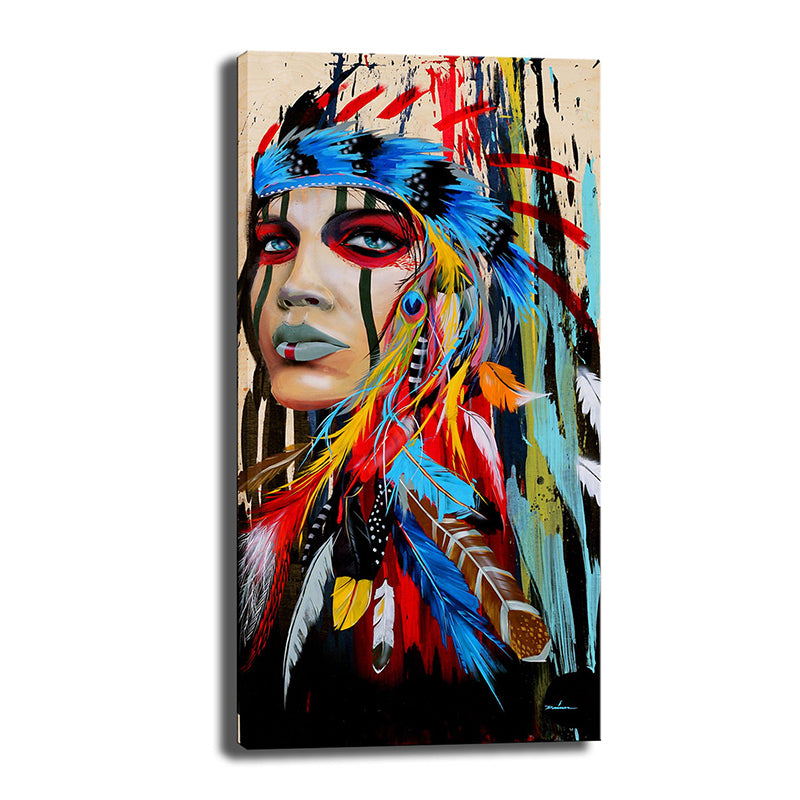 Tribal Indian Woman Wall Art for Studio Figure Painting Canvas Print in Red-Blue