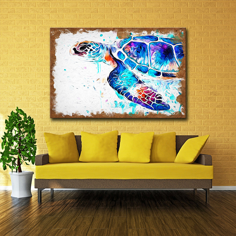 Sea Turtle Painting Art Print Textured Modernist House Interior Wall Decor in Blue