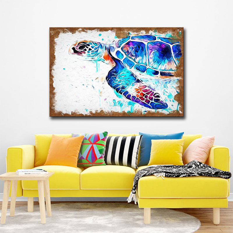 Sea Turtle Painting Art Print Textured Modernist House Interior Wall Decor in Blue