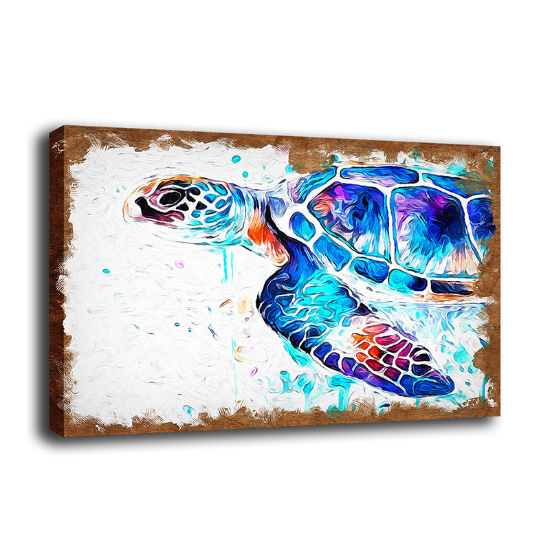 Sea Turtle Painting Art Print Textured Modernist House Interior Wall Decor in Blue