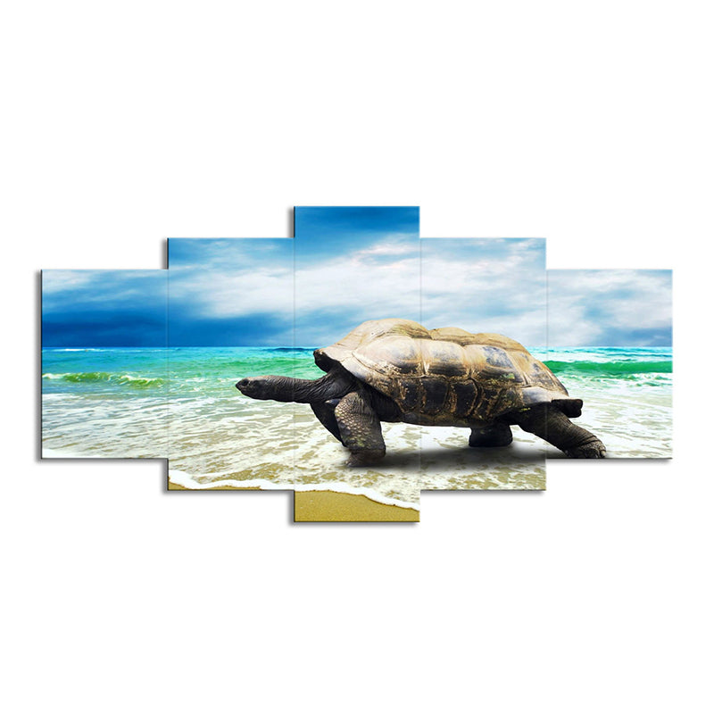 Contemporary Turtle Art Print Blue and Grey Beach Scenery Wall Decoration for Home