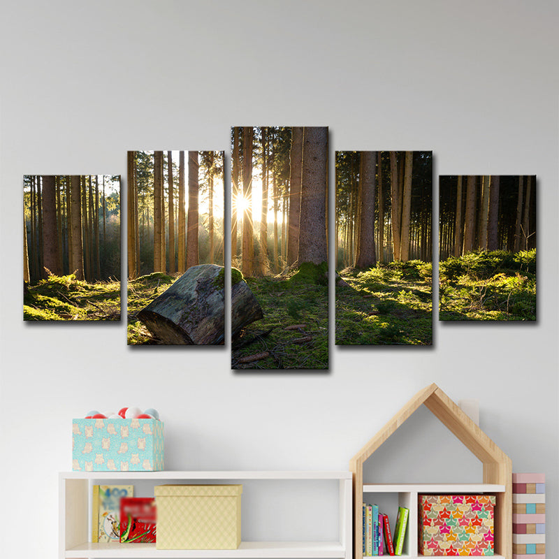 Sunrise in Forest Canvas Art Dark Green Contemporary Wall Decoration for Bedroom