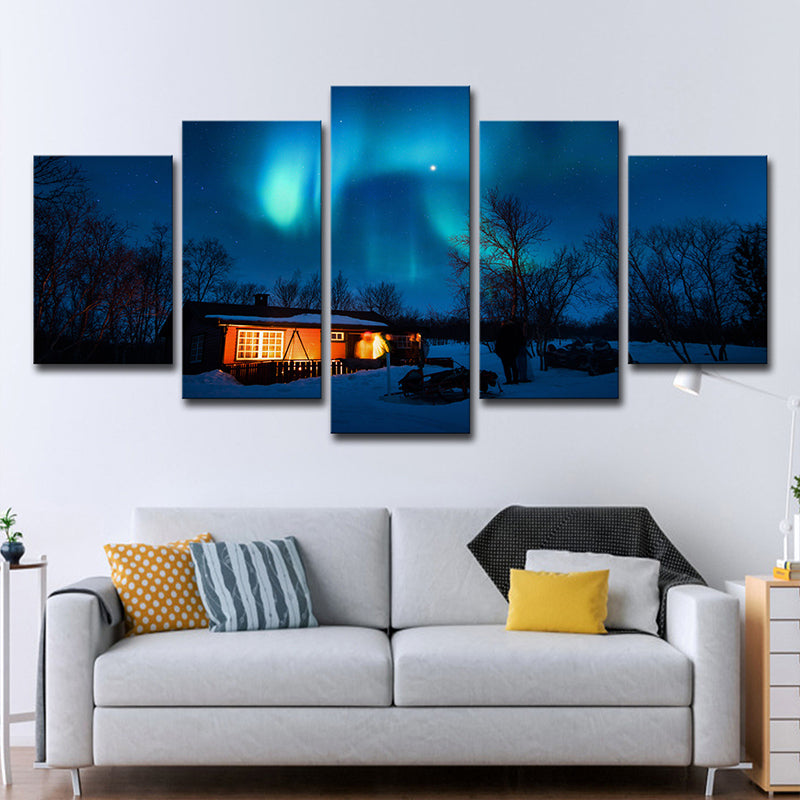 Multi-Piece Blue Canvas Print Modern Night Snowy Cabin with Aurora Scenery Wall Art