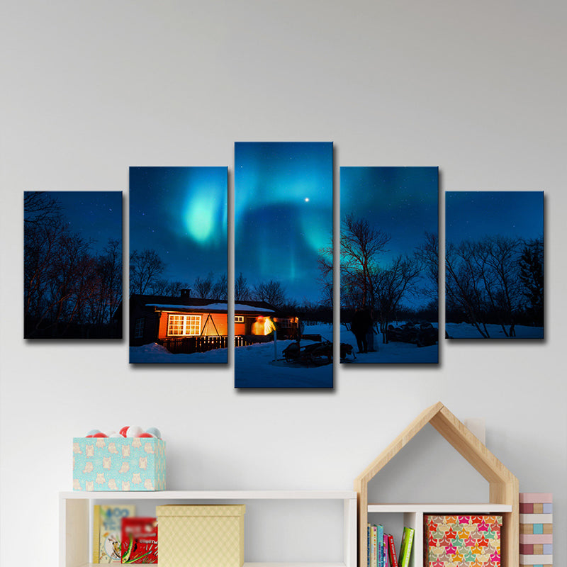 Multi-Piece Blue Canvas Print Modern Night Snowy Cabin with Aurora Scenery Wall Art