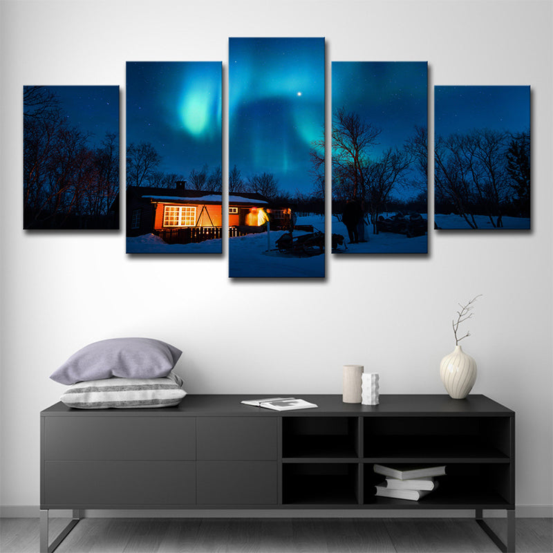 Multi-Piece Blue Canvas Print Modern Night Snowy Cabin with Aurora Scenery Wall Art