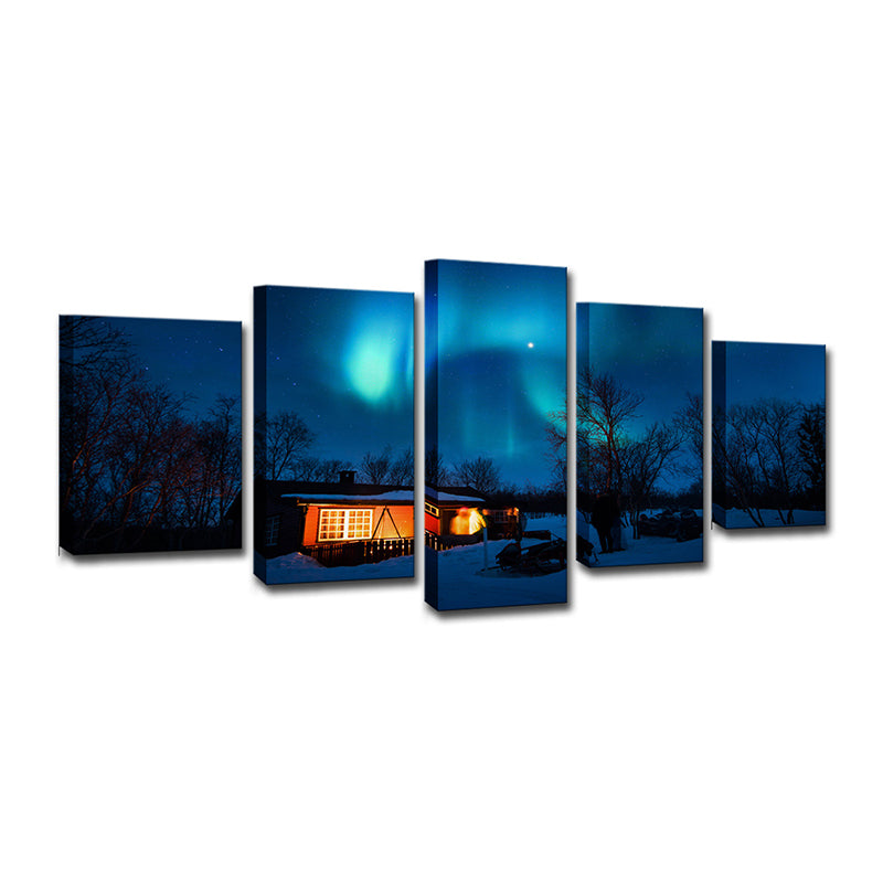 Multi-Piece Blue Canvas Print Modern Night Snowy Cabin with Aurora Scenery Wall Art