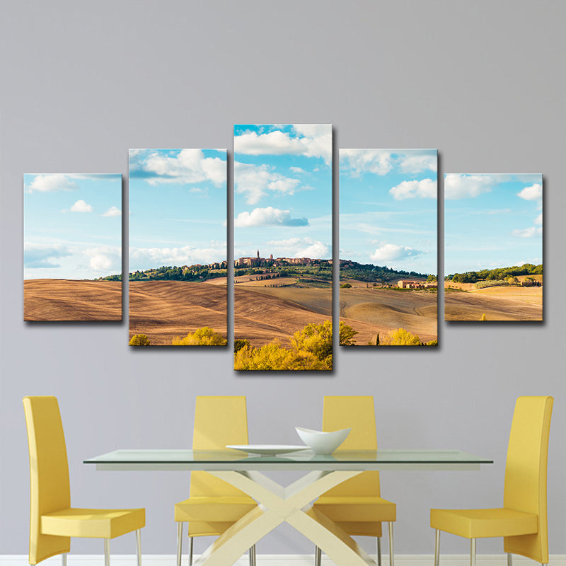 Multi-Piece Hill Castle Art Print Contemporary Canvas Wall Decor in Sky Blue and Brown