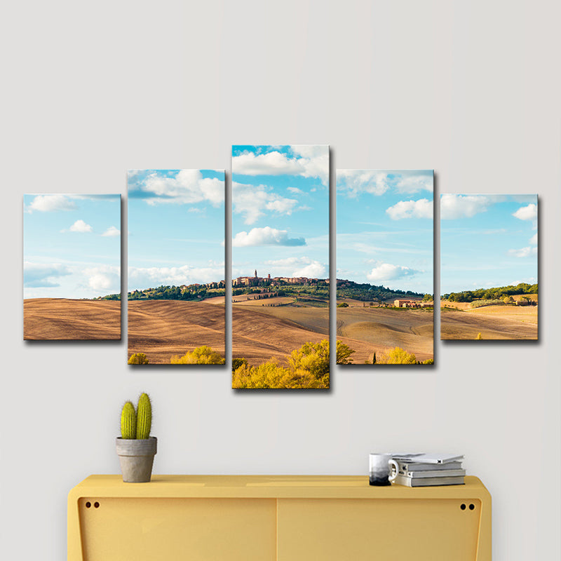 Multi-Piece Hill Castle Art Print Contemporary Canvas Wall Decor in Sky Blue and Brown