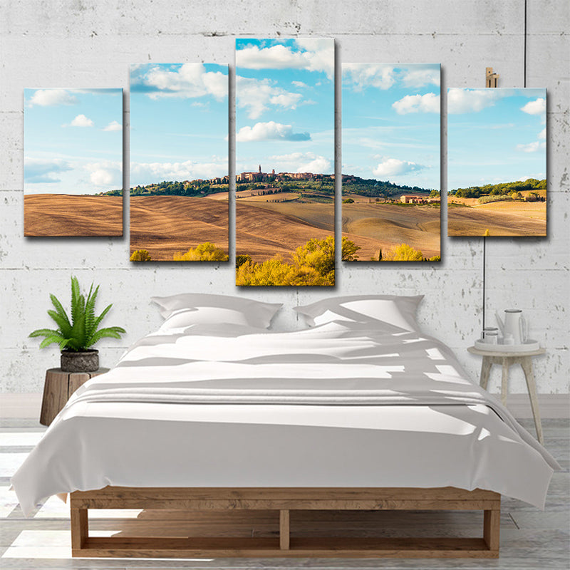 Multi-Piece Hill Castle Art Print Contemporary Canvas Wall Decor in Sky Blue and Brown