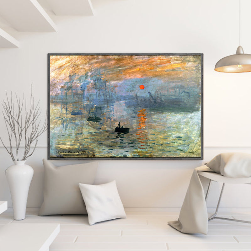 Nightfall Seascape Art Print Orange Canvas Painting for Living Room, Textured Surface