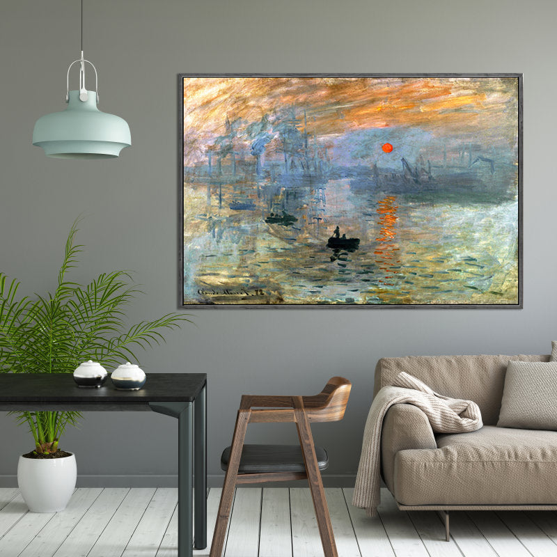 Nightfall Seascape Art Print Orange Canvas Painting for Living Room, Textured Surface