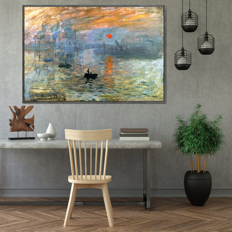 Nightfall Seascape Art Print Orange Canvas Painting for Living Room, Textured Surface