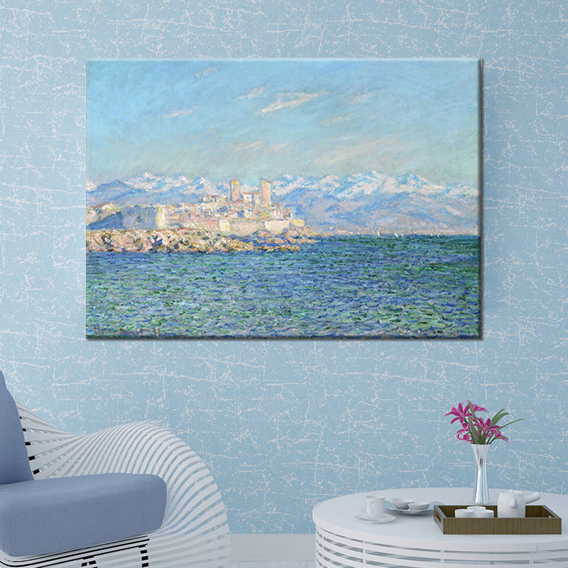 Mediterranean Seashore Castle Wall Art Blue Texture Wrapped Canvas for Dining Room