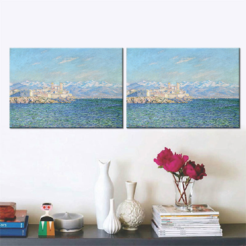 Mediterranean Seashore Castle Wall Art Blue Texture Wrapped Canvas for Dining Room