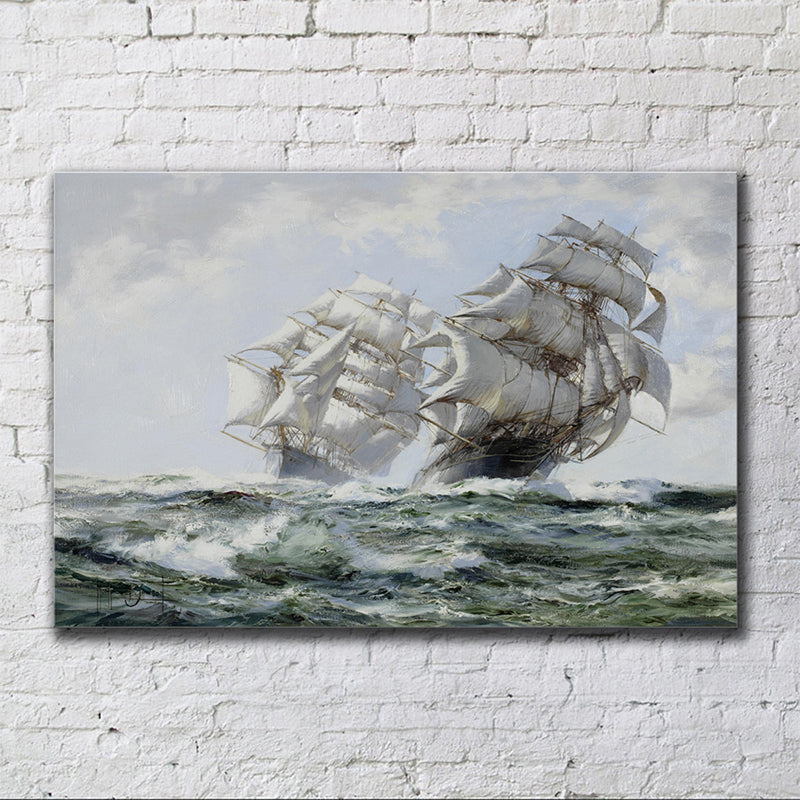 Seascape Painting Canvas Print Modern Ship Sailing in the Waves Wall Art in Grey