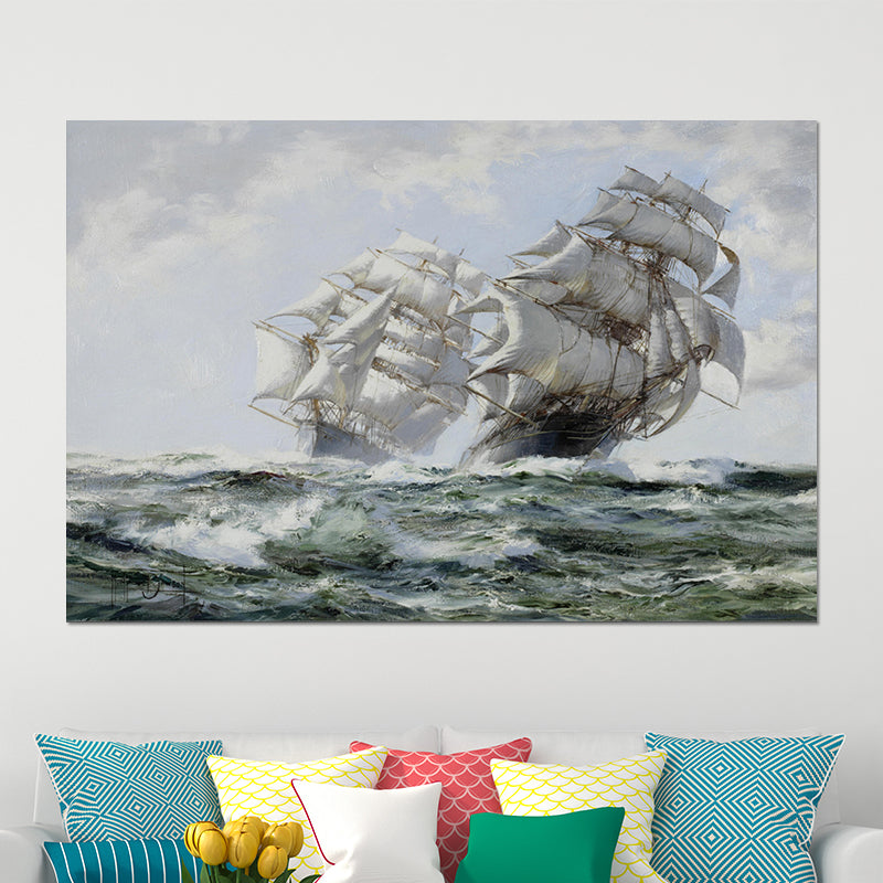 Seascape Painting Canvas Print Modern Ship Sailing in the Waves Wall Art in Grey