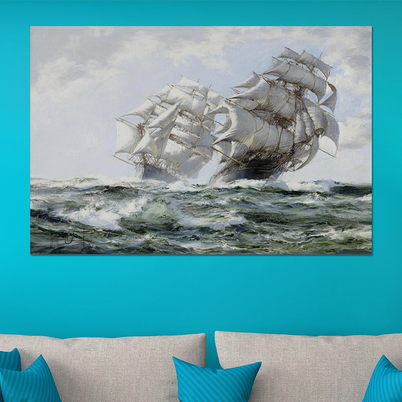 Seascape Painting Canvas Print Modern Ship Sailing in the Waves Wall Art in Grey