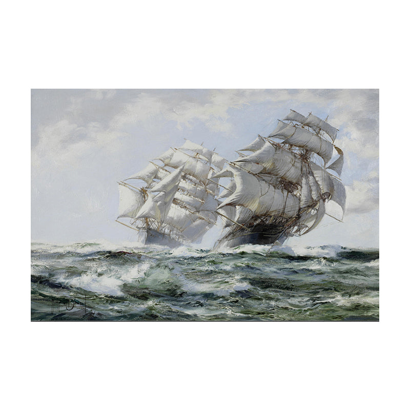 Seascape Painting Canvas Print Modern Ship Sailing in the Waves Wall Art in Grey