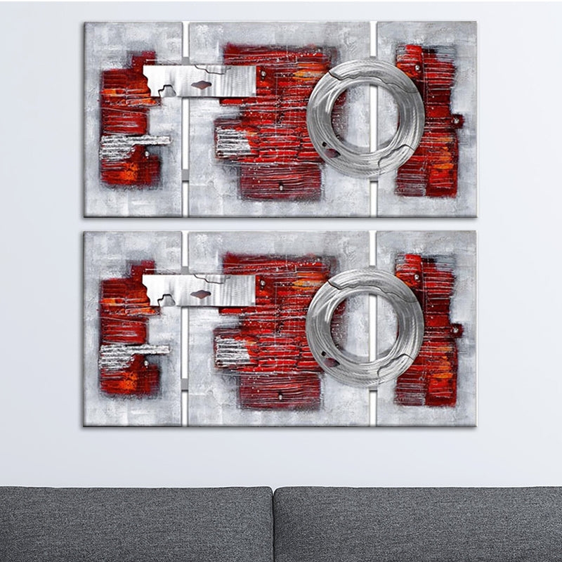 Modern Abstract Brickwork Painting Red-Grey Textured Canvas Wall Art for Living Room