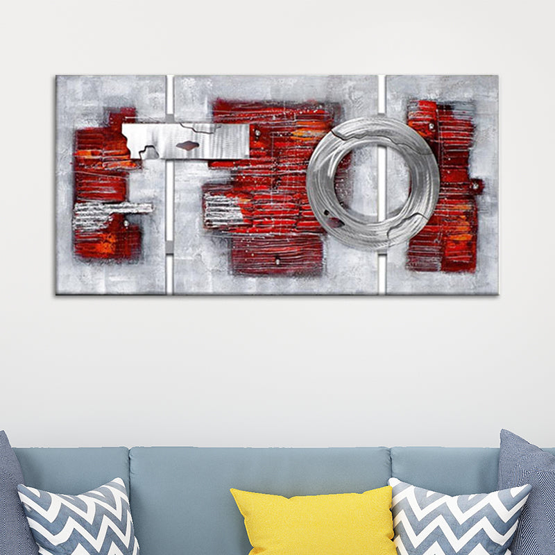 Modern Abstract Brickwork Painting Red-Grey Textured Canvas Wall Art for Living Room