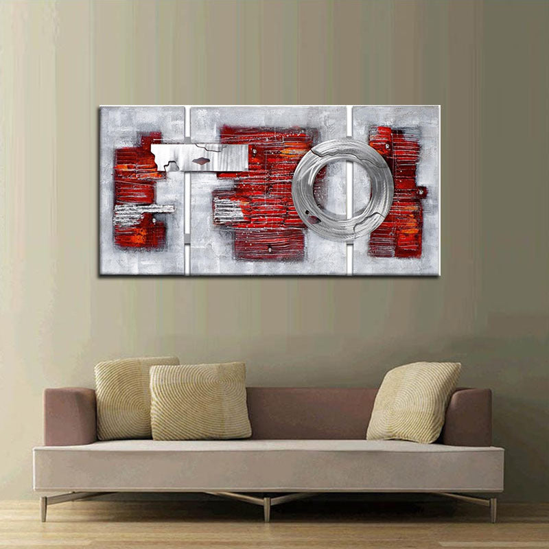 Modern Abstract Brickwork Painting Red-Grey Textured Canvas Wall Art for Living Room