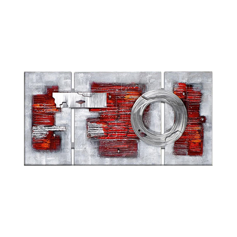 Modern Abstract Brickwork Painting Red-Grey Textured Canvas Wall Art for Living Room