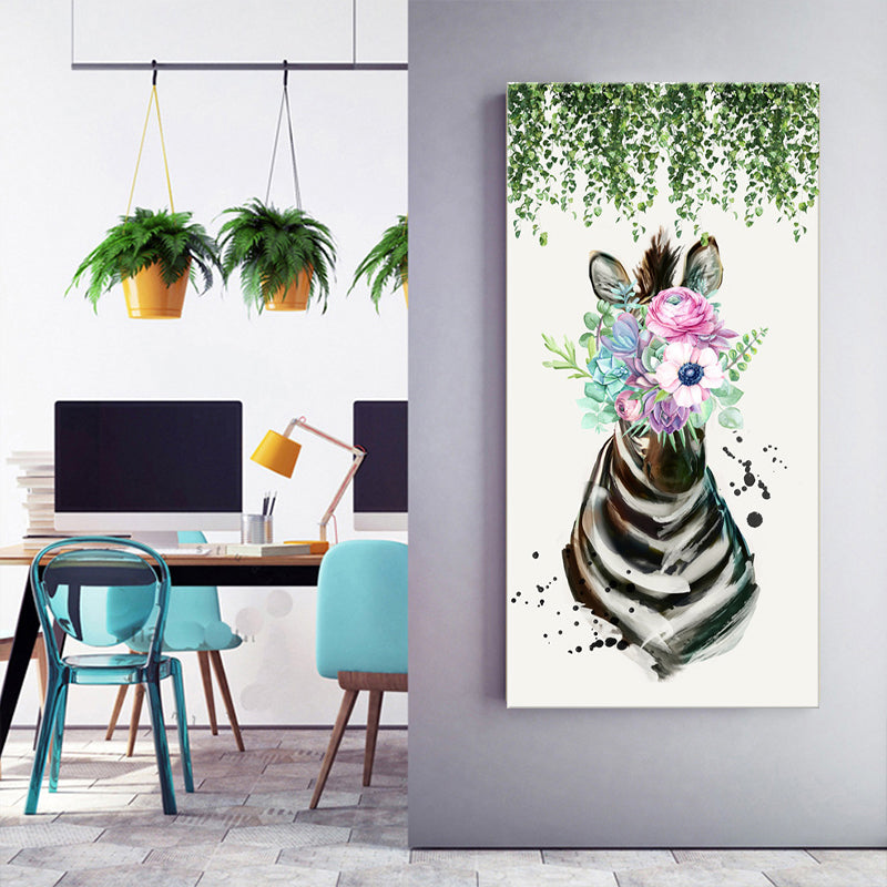 Animal with Flower Head Painting Modern Stylish Textured Girls Bedroom Canvas Wall Art