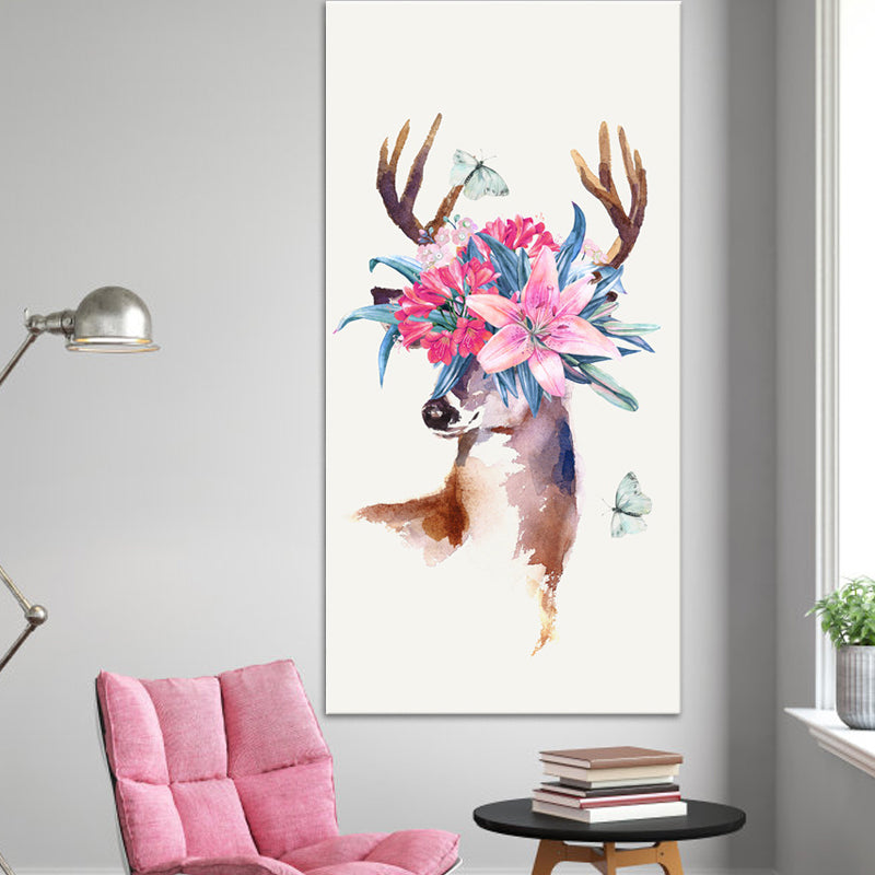 Animal with Flower Head Painting Modern Stylish Textured Girls Bedroom Canvas Wall Art