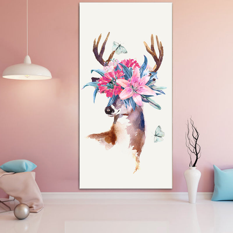 Animal with Flower Head Painting Modern Stylish Textured Girls Bedroom Canvas Wall Art