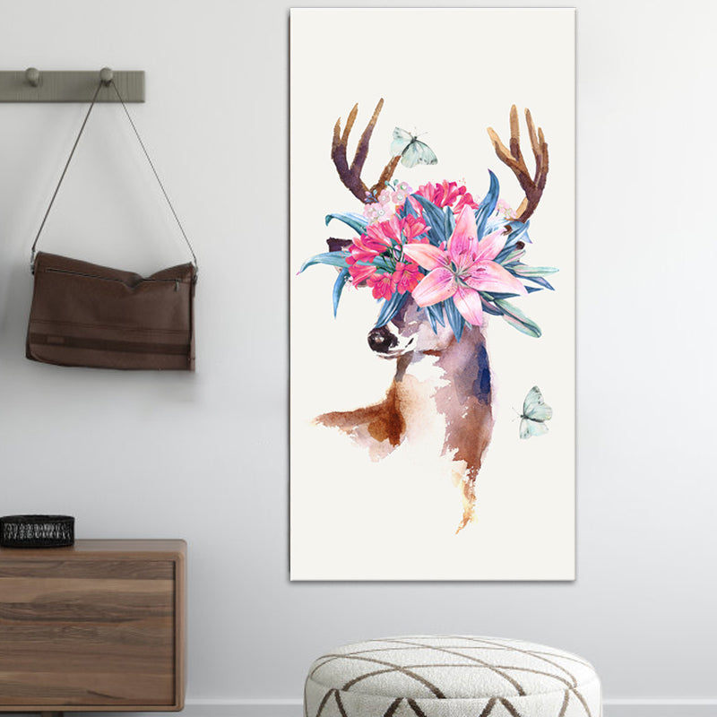 Animal with Flower Head Painting Modern Stylish Textured Girls Bedroom Canvas Wall Art