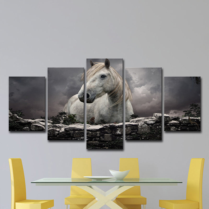 Black Modern Canvas Wall Art Horse after Brick with Dark Sky Wall Decor for Living Room