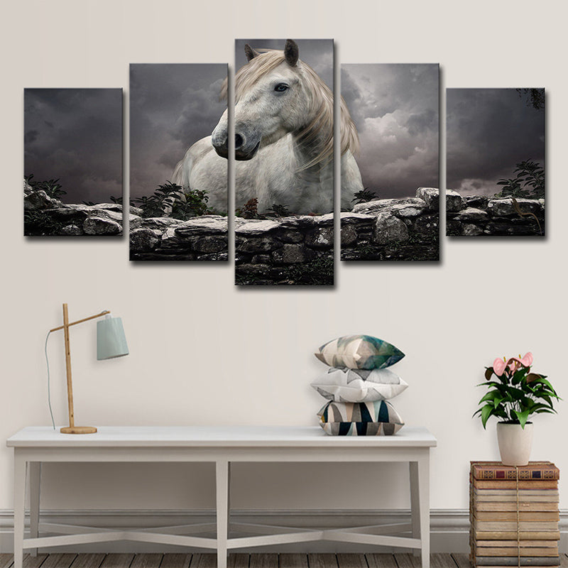 Black Modern Canvas Wall Art Horse after Brick with Dark Sky Wall Decor for Living Room