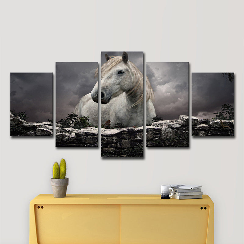 Black Modern Canvas Wall Art Horse after Brick with Dark Sky Wall Decor for Living Room