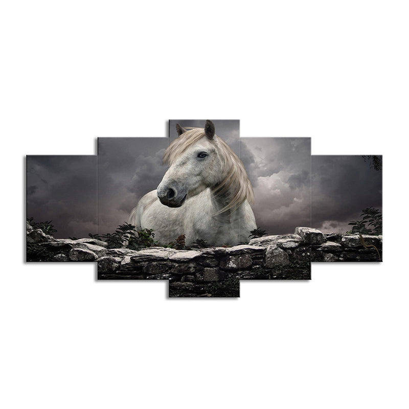 Black Modern Canvas Wall Art Horse after Brick with Dark Sky Wall Decor for Living Room