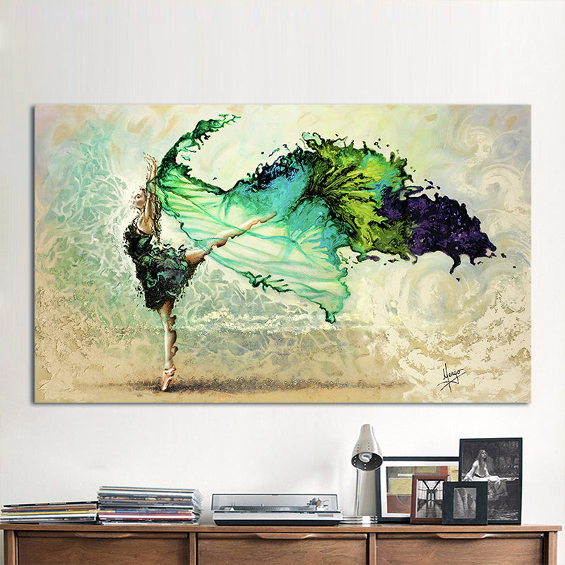 Modernist Woman Dancing Wall Art Canvas Textured Green Painting for Sitting Room