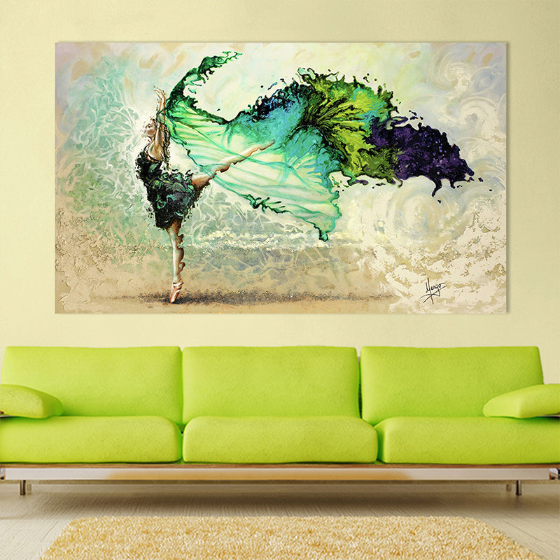 Modernist Woman Dancing Wall Art Canvas Textured Green Painting for Sitting Room