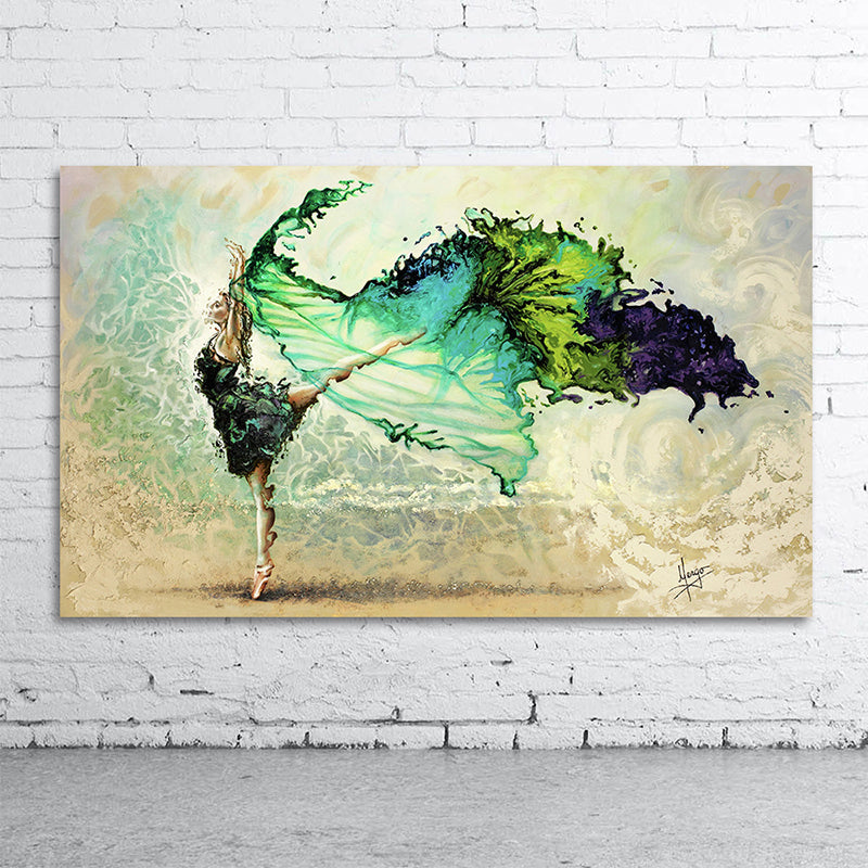 Modernist Woman Dancing Wall Art Canvas Textured Green Painting for Sitting Room