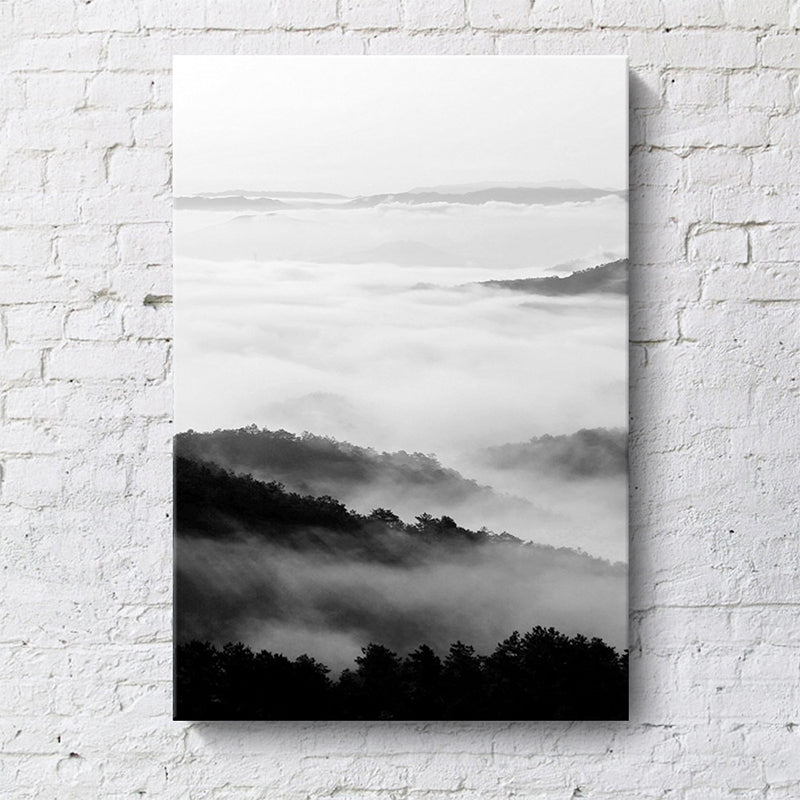 Black and White Modern Art Print Aerial View of Misty Mountain Wall Decor for Home