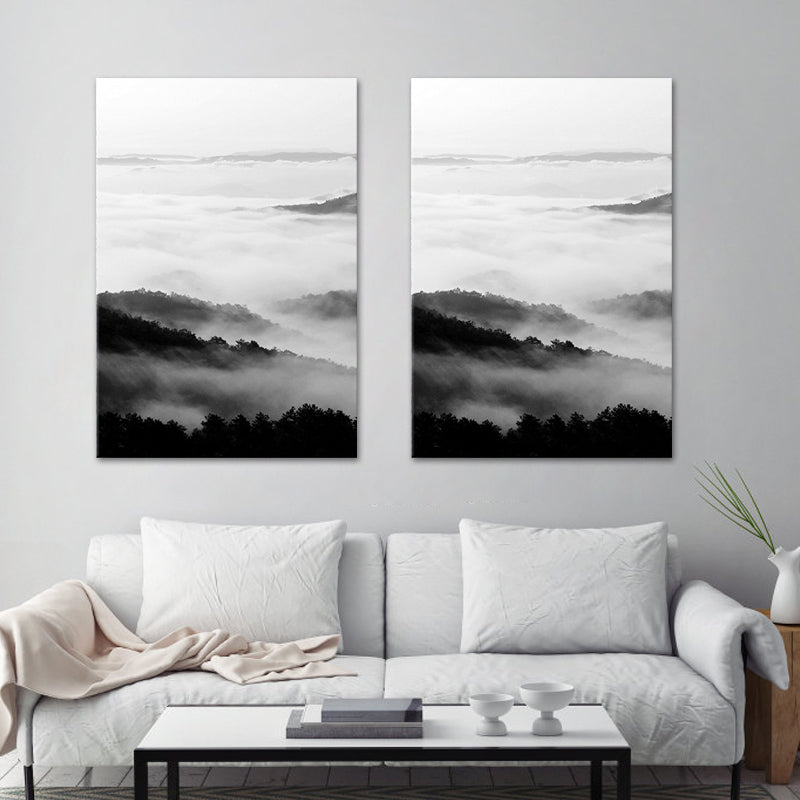 Black and White Modern Art Print Aerial View of Misty Mountain Wall Decor for Home