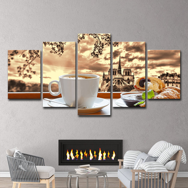 Brown Contemporary Canvas Art A Cup of Afternoon Tea with Castle Afar Scenery Wall Decor for Home