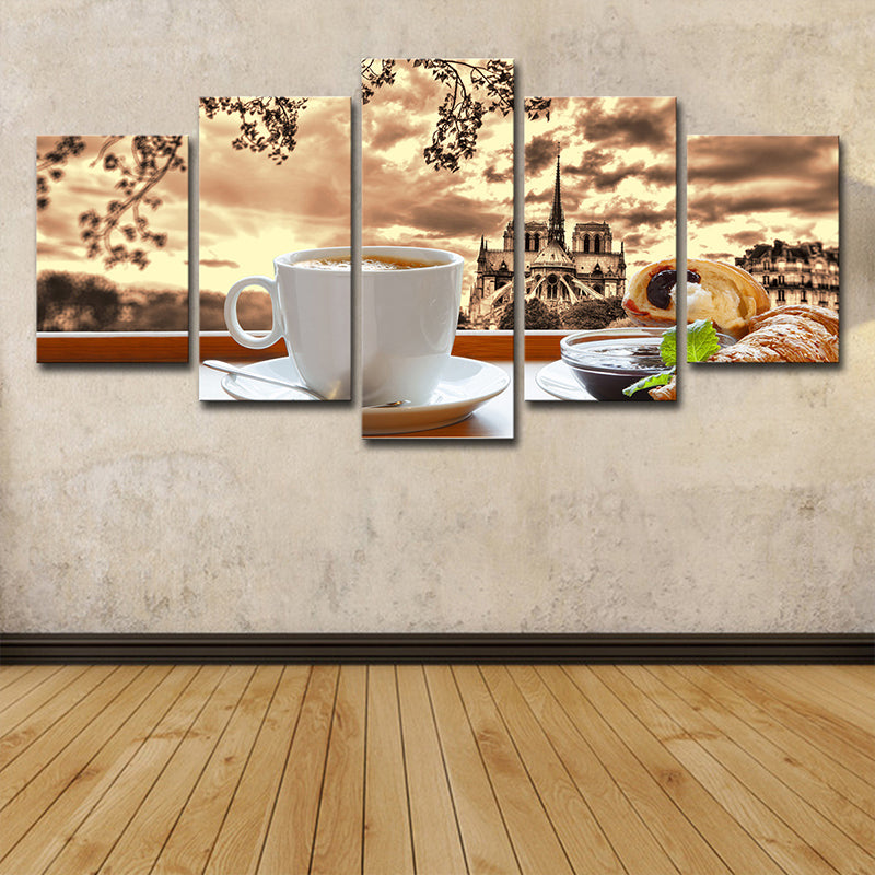 Brown Contemporary Canvas Art A Cup of Afternoon Tea with Castle Afar Scenery Wall Decor for Home