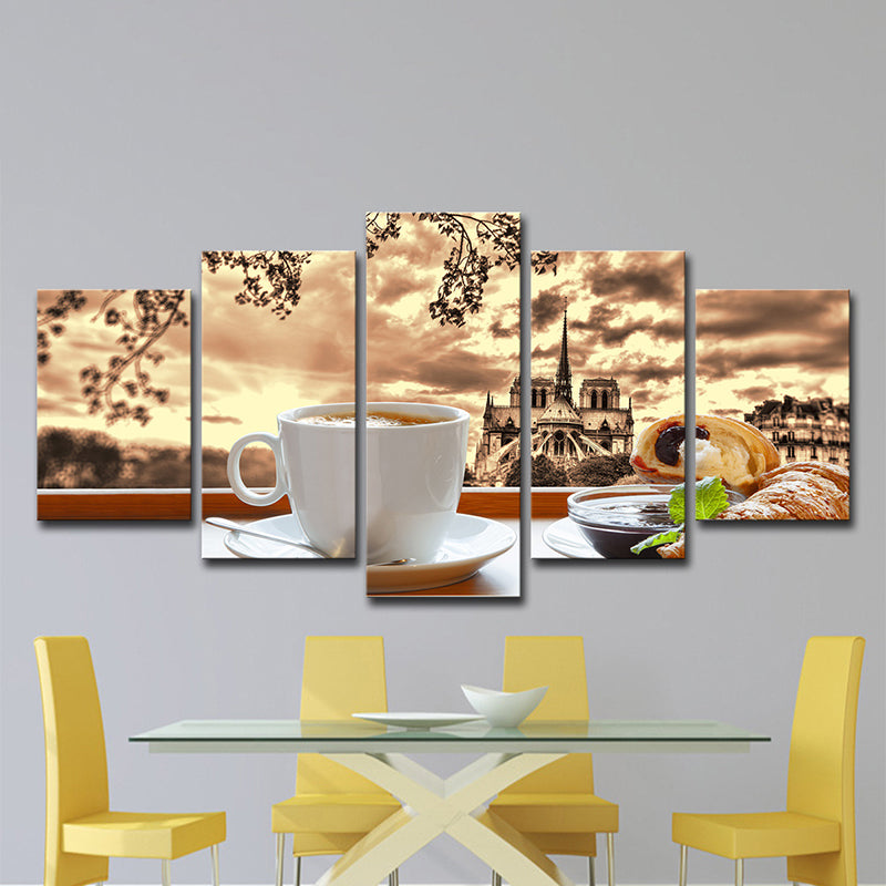 Brown Contemporary Canvas Art A Cup of Afternoon Tea with Castle Afar Scenery Wall Decor for Home