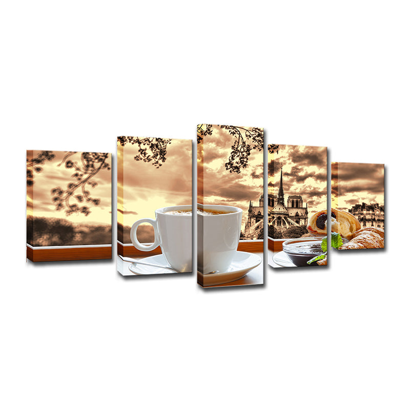 Brown Contemporary Canvas Art A Cup of Afternoon Tea with Castle Afar Scenery Wall Decor for Home