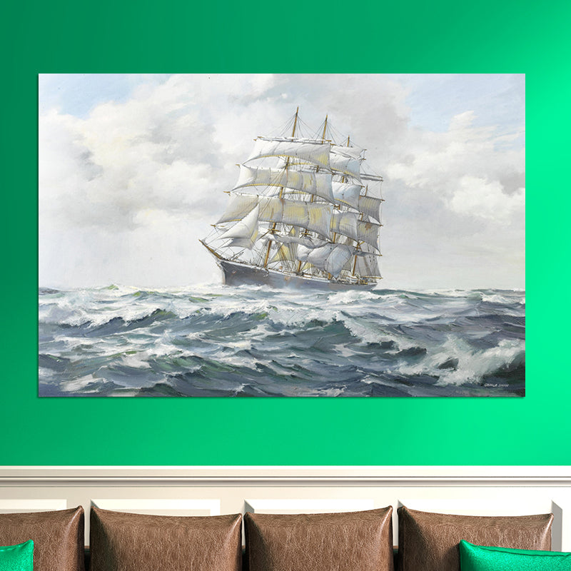 Grey Atlantic Sailing Vessel Painting Textured Contemporary Living Room Canvas Wall Art