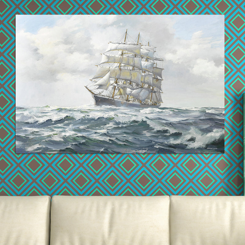 Grey Atlantic Sailing Vessel Painting Textured Contemporary Living Room Canvas Wall Art